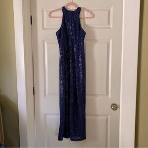 ALL THAT JAZZ halter long navy blue side slit sequined dress Size 7/8